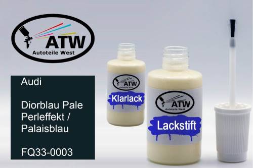 Audi, Diorblau Pale Perleffekt / Palaisblau, FQ33-0003: 20ml Lackstift + 20ml Klarlack - Set, von ATW Autoteile West.